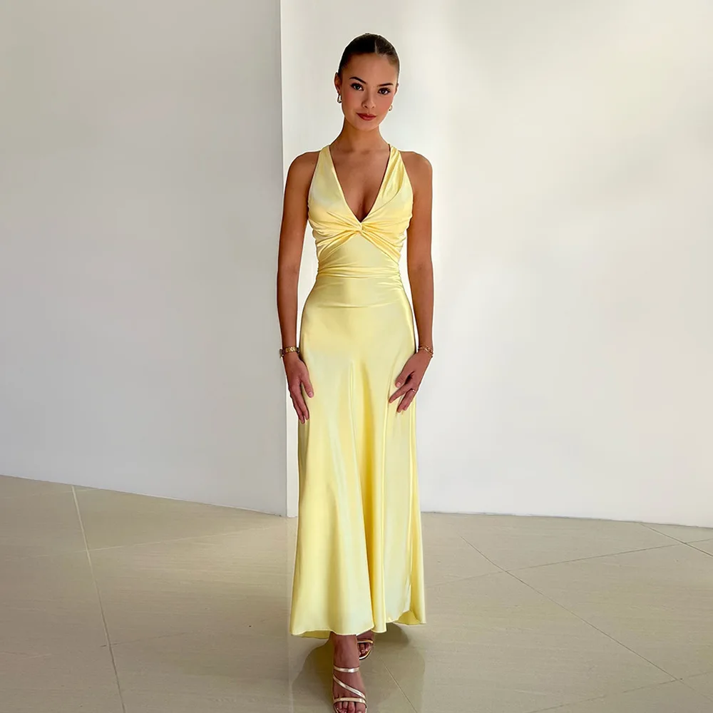 BWQ Backless Sexy Satin Dress Women V Neck Sleeveless Long Bodycon Dress Elegant Party Evening Maxi Dresses Red Yellow