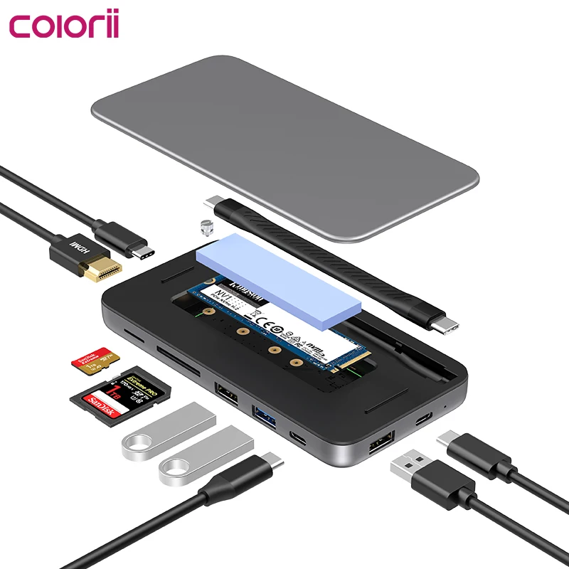 Colorii 9 W 1 HUB USB C z obudową M.2 NVMe/SATA SSD 4K HDMI-kompatybilna stacja dokująca 100W PD USB 3.1 dla Windows mac OS