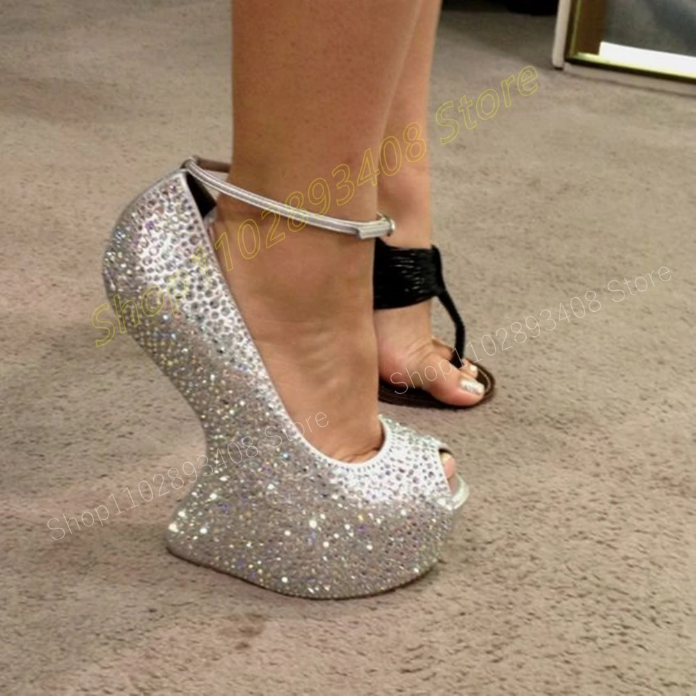Sliver Crystals Decor Strange Style Heel Pumps Peep Toe Platform Runway Fashion Sexy Women Shoes 2024 Summer Zapatos Para Mujere
