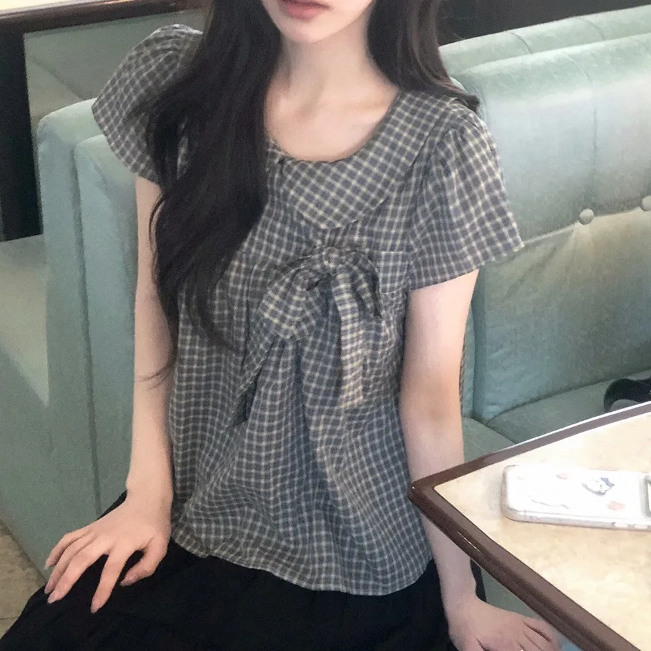 Retro Korean Style Doll Collar Shirt Short Sleeve Plaid  Knot Women's Top Straight Cut Summer Fashion Chic