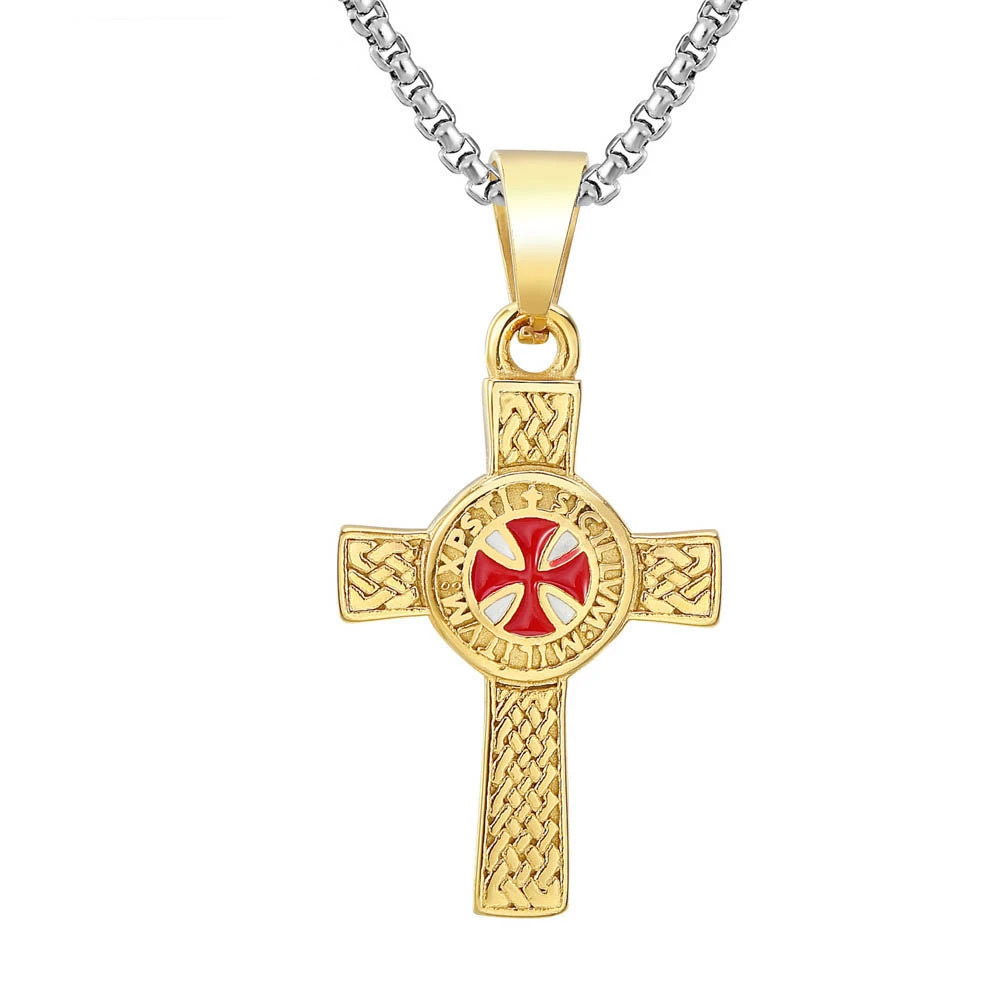 Cross Pendant Knights Templar Irish Knot Necklace for Men Stainless Steel Chain 24Inch Male Jewelry