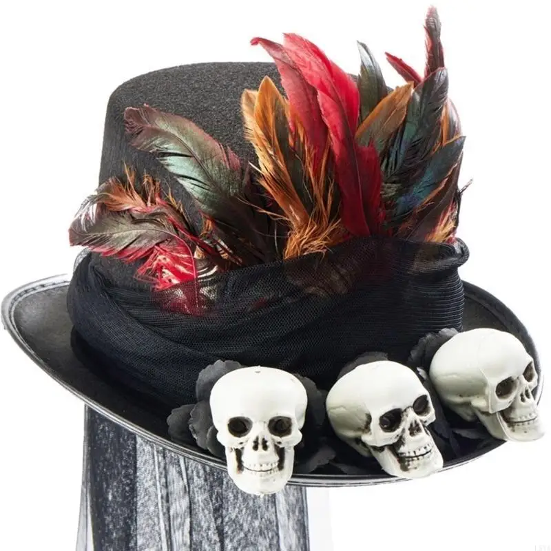 

L5YA Medieval Adult Steampunks Flat Top Hat with Skull Halloween Veil Felts Hat Carnivals Role Play Magicians Hat