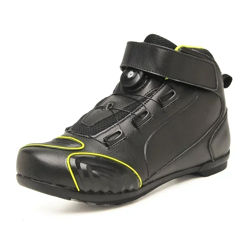 

Men Motorcycle Boots Black Leather Biker Shoes Motocross Boots Protective Gear Shift Rubber Sole Retro Motorbike Shoes Women