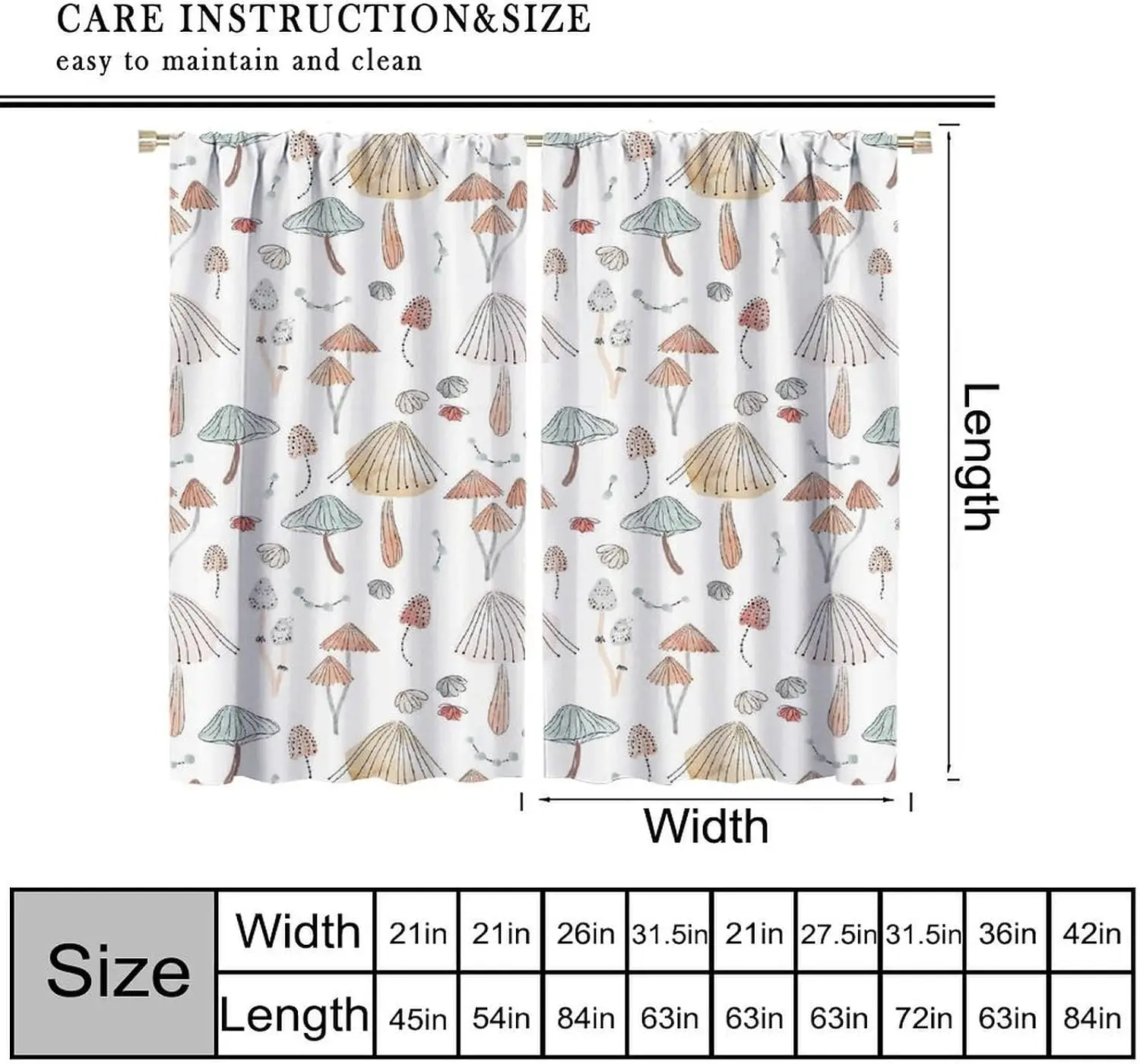 Pastel Line Mushroom Curtain 2 Panels,Watercolor Sketch Multi-Size Mushroom White Base Print, Drapes for Bedroom Kitchen Curtain