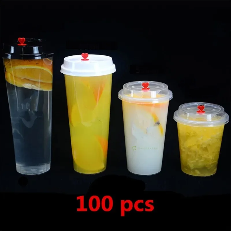 100 pcs Disposable Transparent Plastic Cup Juice Cups Cold Drinks Takeaway Packaging (with Dome Lid) bubble tea coffee cup PVC