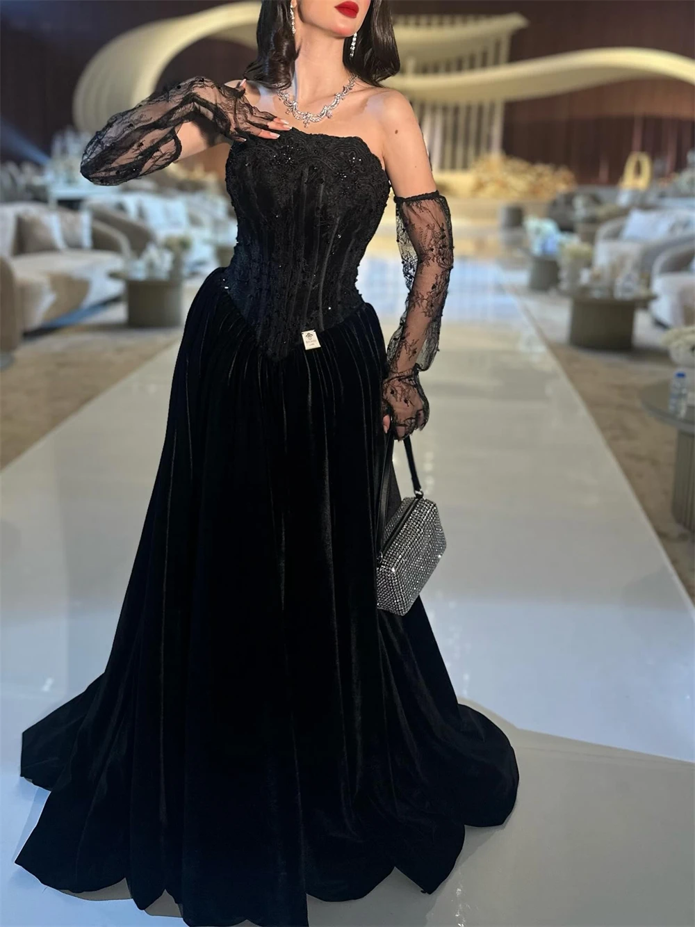 فستان Sansa مخصص أسود على شكل حرف a مزين بالترتر للحفلات الراقصة بدون حمالات دانتيل فيستدوس دي نوش طول الأرض سهرة رسمية 2025 #5