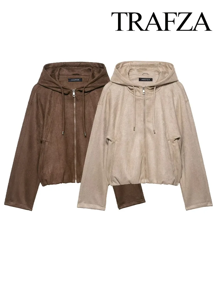 

TRAFZA Elegant Women Hooded Zipper Chic Coats 2025 Autumn Woman Loose Jacket Long Sleeves Pocket Design High Street Short Jacket