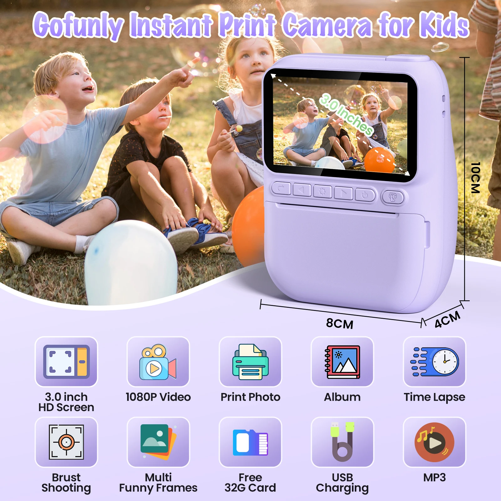 Appareil photo numérique pour enfants 3.0 "caméra à impression instantanée Portable 32MP HD 1080P caméra jouet cadeau pour 6-12 ans avec 3 rouleaux de papier d'imprimante