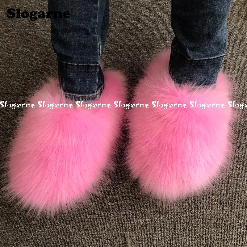 Women Faux Fox Fur Slippers Warm Plush Slides Girls Luxury Furry Shoes Home Cotton Shoes Outdoor Fur Slide Fashion Winter Shoes