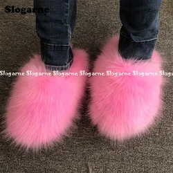 Women Faux Fox Fur Slippers Warm Plush Slides Girls Luxury Furry Shoes Home Cotton Shoes Outdoor Fur Slide Fashion Winter Shoes