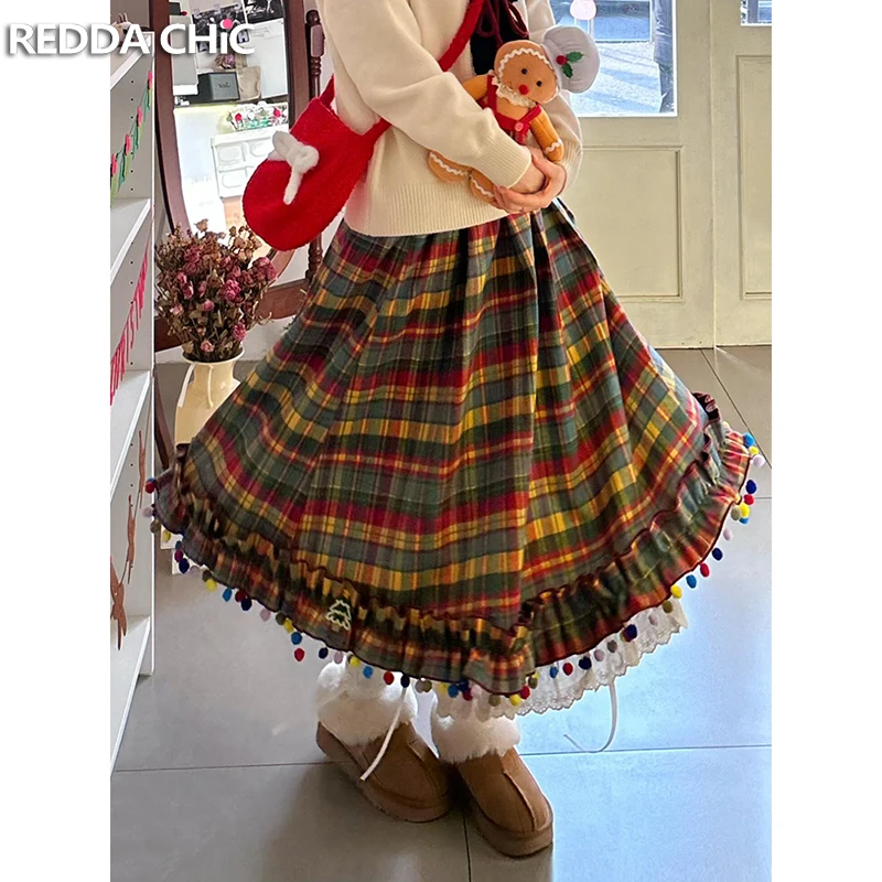 

REDDACHiC Rainbow Pom-pom Plaid Skirt Women Kawaii Ribbon Frilly Lace Elastic Waist A-line Long Skirt Retro School Girls Bottoms