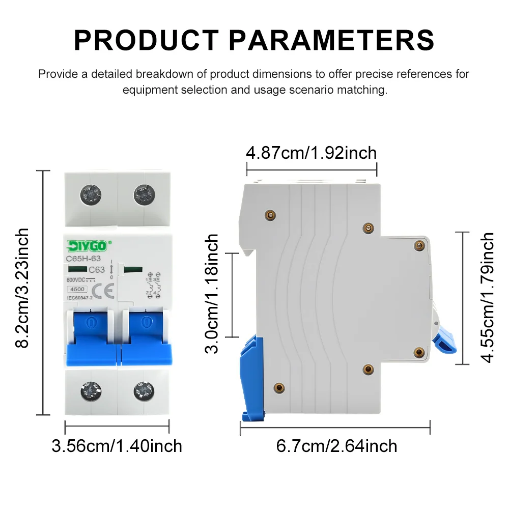 DC Circuit Breaker Solar PV System Miniature Breaker 6/10/16/20/25/32/40/50/63A Overload Short Circuit Protection DIN Rail Mount