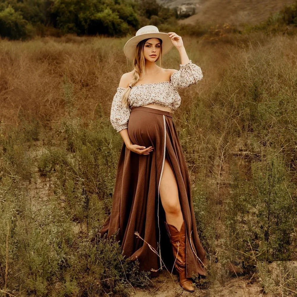 Vestido bohemio para sesión de fotos de embarazo, Top de gasa estampado y falda de algodón de lino, vestido de fotografía para mujer, vestido estilo