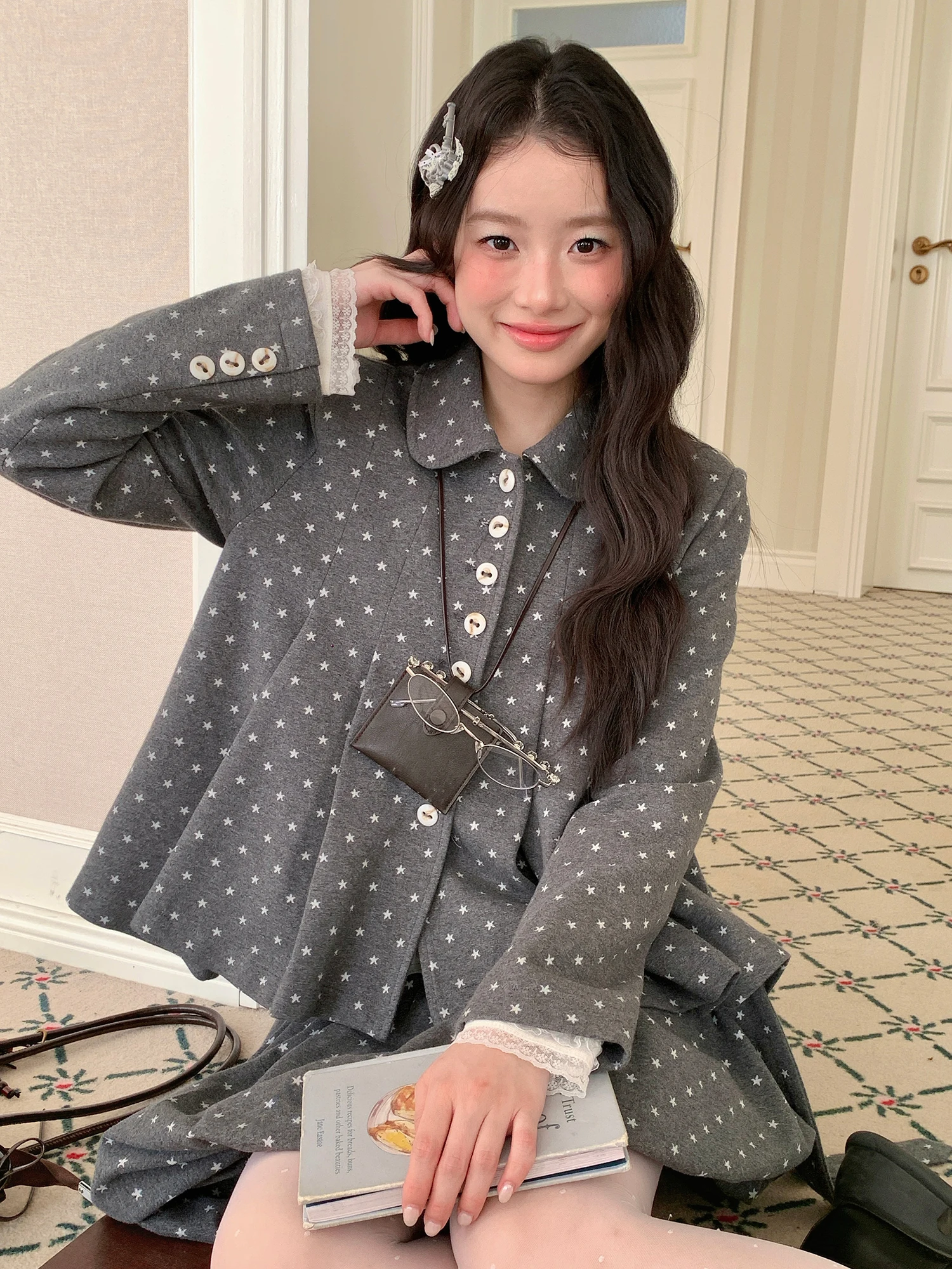 Retro Polka Dot Shirt Style Pleated Coat Atmosphere Bud Half Skirt Set Women's Fashion Autumn Collection Cotton Polyester Blend