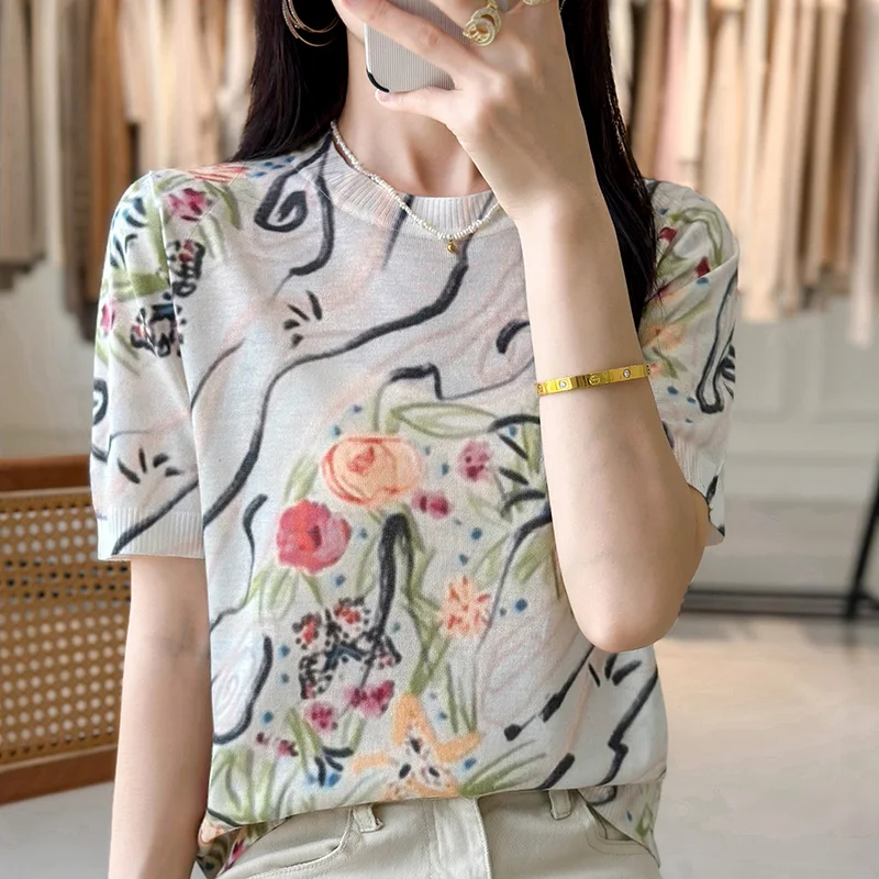 Worsted Wool Knitted Short-Sleeved T-Shirt Women\'s Summer Thin Round Neck Mulberry Silk Printed T-Shirt Loose Half-Sleeve Top