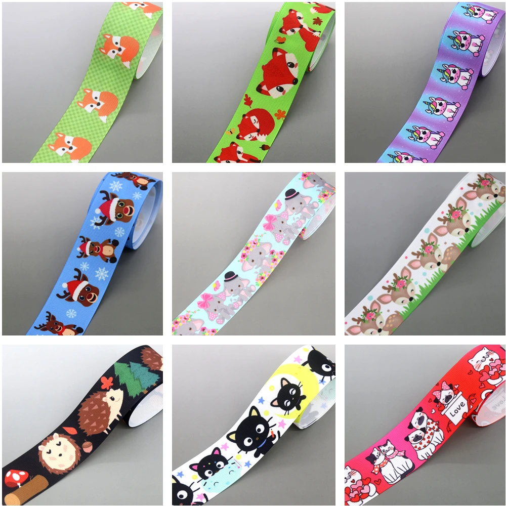 DHK 1.5'' 10yards Animal Cat Dog Fox Sloth Printed Grosgrain Ribbon Accessories Headwear Decoration Collar DIY Sewing B2361