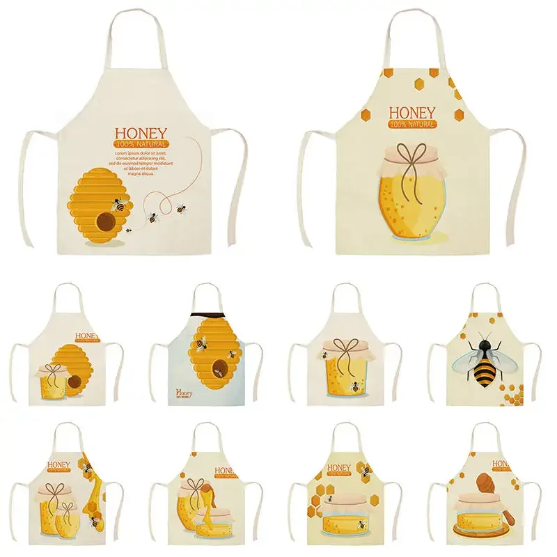 Kitchen Bee Pattern Apron Men's and Women's Household Cleaning Tools Children's Custom Sleeveless Cotton and Linen Apron Tablier