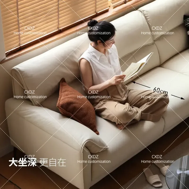 First Layer Cowhide Leather Sofa White 3 Seater Straight Row Simple Cream Style for Small Apartment Household Living Room