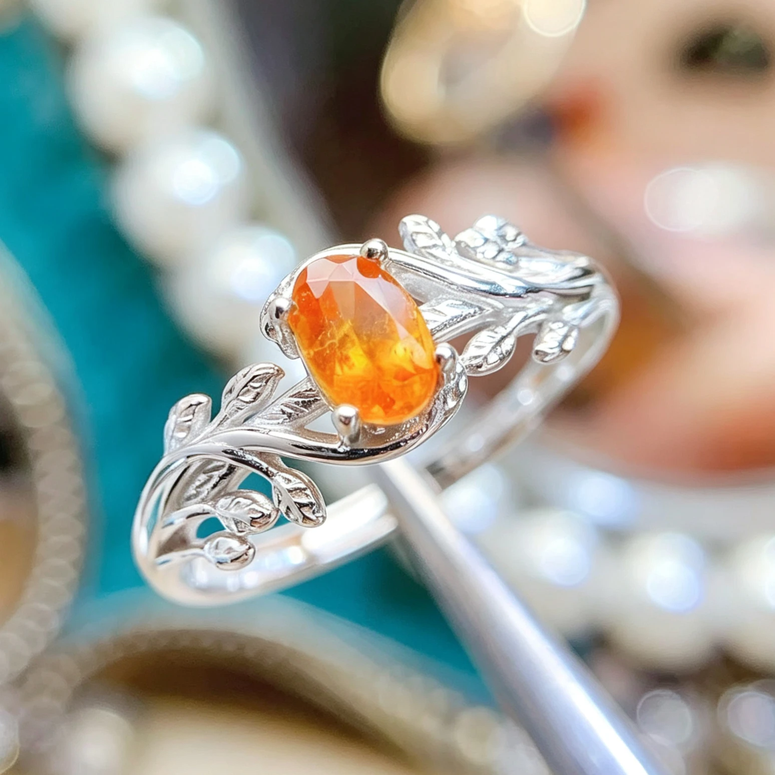 Delicate 925 Silver Leaves Ring 4x6mm 0.5ct Natural Fanta Garnet Ring with Certificate Gold Plated Mandarin Garnet Jewelry