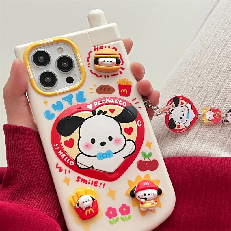 3d Schattige Cartoon Sanrio Pochacco Telefoonhoesje Voor Iphone 15 Pro 14 13 12 11 Pro Max Hoesjes Verbergen Make-Up Spiegels Bedekken Met Lanyard