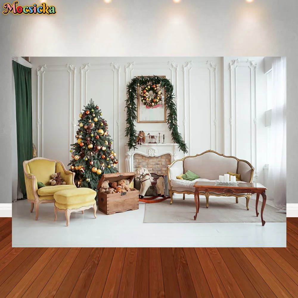 Christmas Photography Background Christmas Tree Presents Santa Claus Fireplace Winter Snow Home Party Baby Photo Background