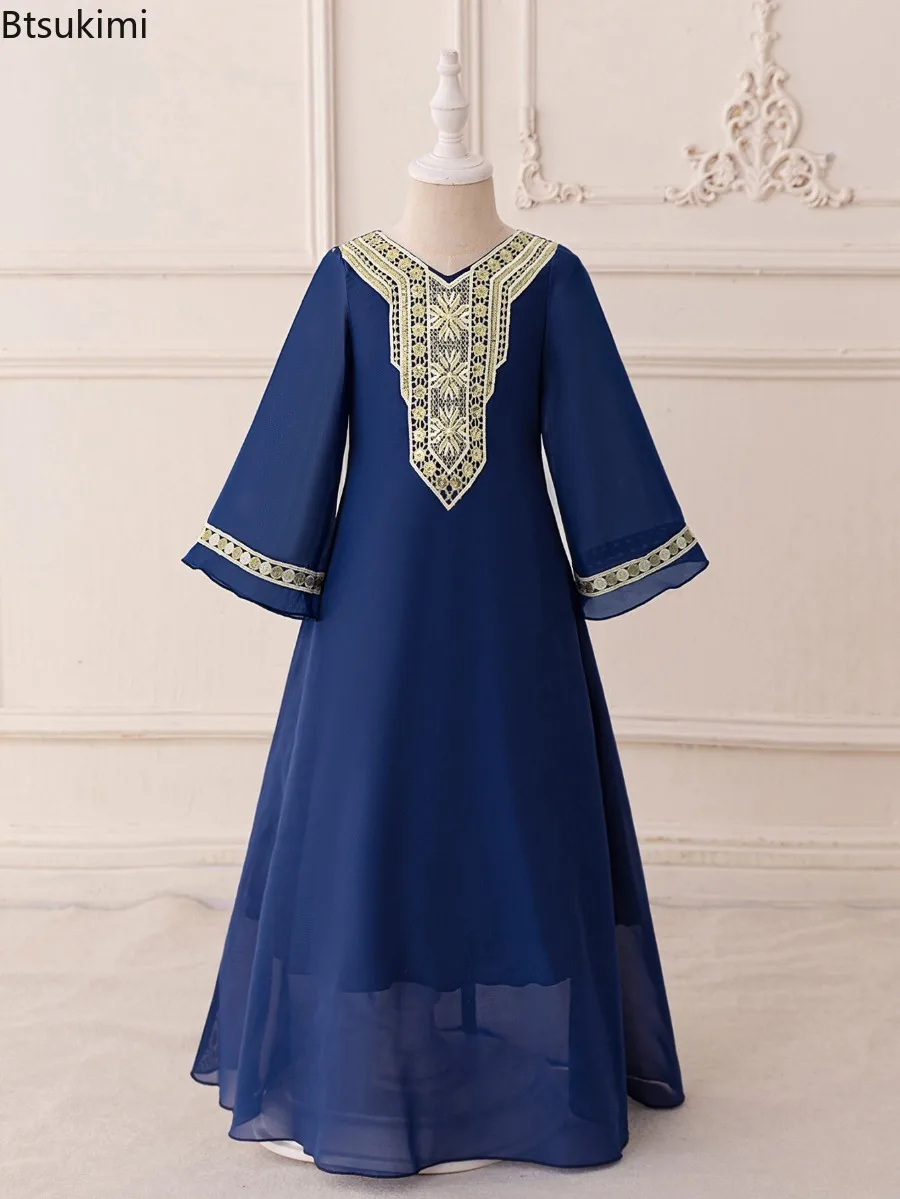 Luxury Embroidery Sequins Muslim Dresses Prayers Gowns Girls Long Sleeve Dress Arabic Dubai Casual Abaya Eid Ramadan Party Robe 5