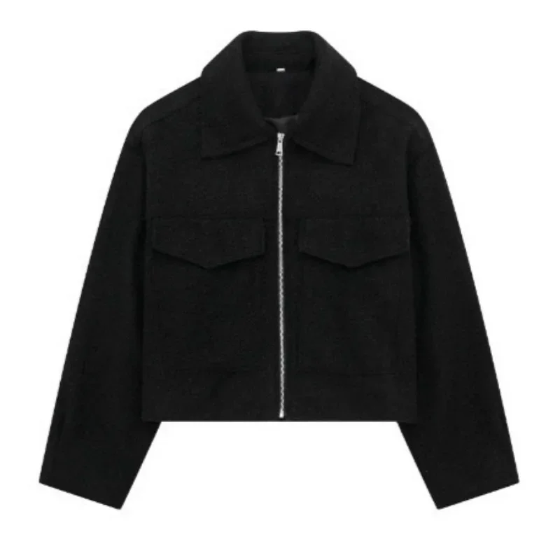 Luxury Spring Autumn Bomber Jacket Women Zip Wool Coat Long Sleeve Short Tops Streetwear Fashion Lapels Outerwear New Black Gray