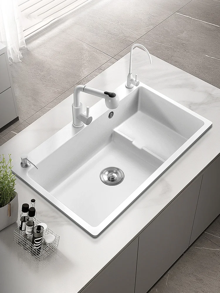 Quartz Stone Sink Washbasin Single Slot White Kitchen Step Sink