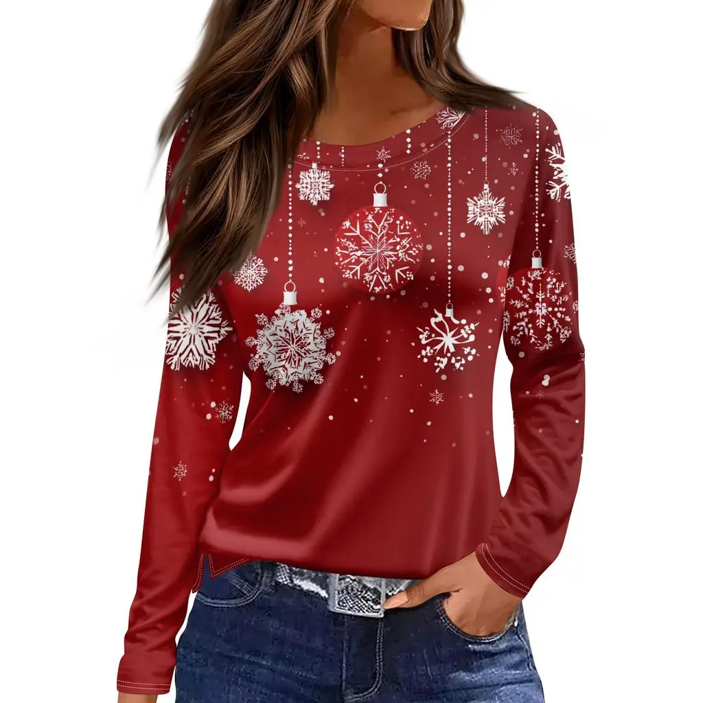 عيد الميلاد طبعة محدودة المرأة ثلاثية الأبعاد عيد الميلاد الكلاسيكية اللون طباعة الجولة الرقبة بأكمام طويلة تي شيرت عادية بأكمام طويلة