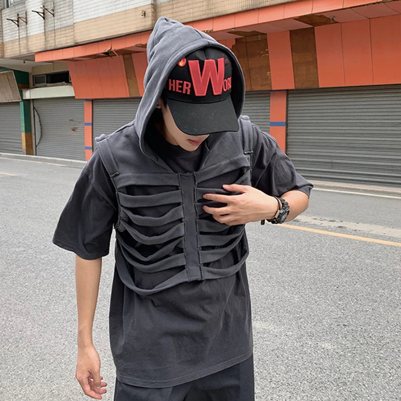 Hooded Vests Men Baggy High Street American Punk Style Solid Minority Prevalent Handsome Slouchy Normcore Hip Hop Advanced Chic