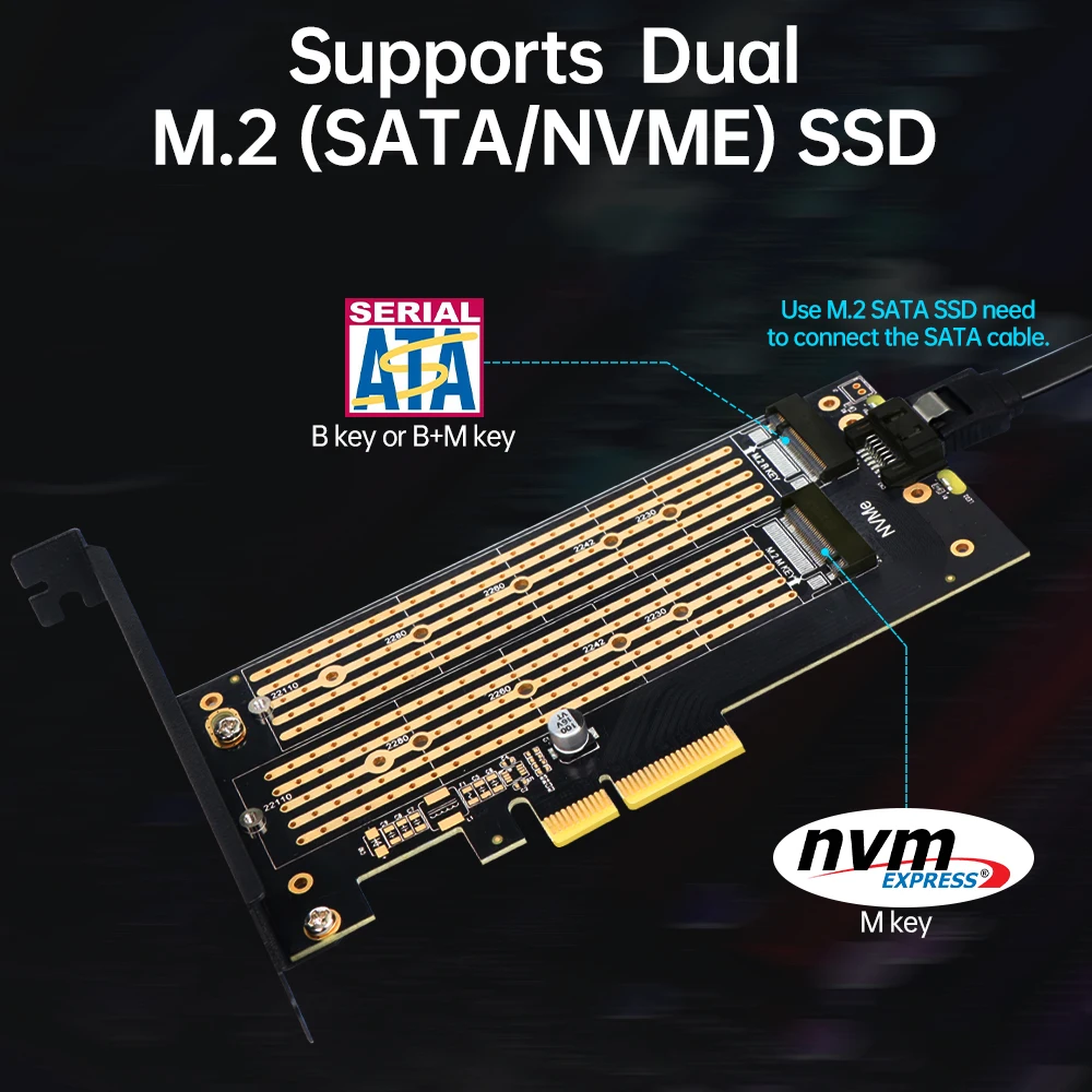 JEYI SK6 Dual M.2 PCIe 4.0 Adapter NVMe (M-Key) & SATA (B-Key) SSD to PCIe X4/X8/X16 Slot for High-Speed Storage Expansion