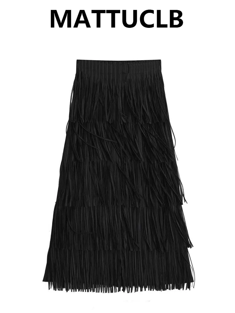 

Women Vintage Preppy Tassel Skirt Midi High Waist A-line Coquette Gyaru 2000s Y2k Evening Design French Stylish Night Club New