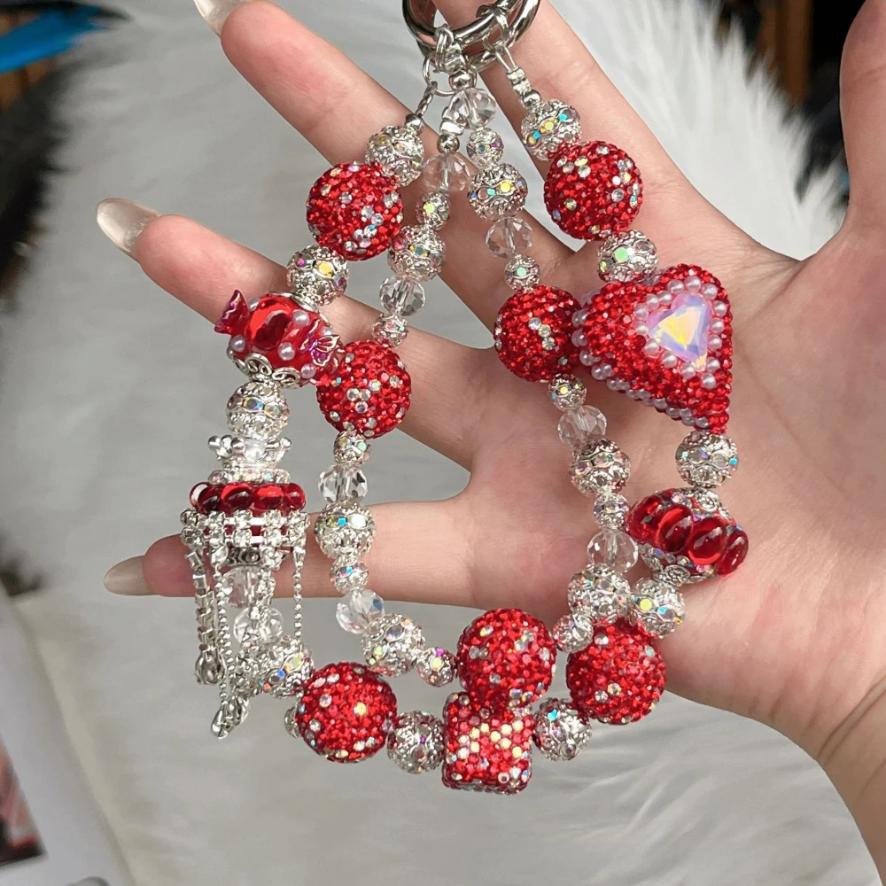 Stilvolle, zarte, doppellagige, mit Perlen eingelegte Strasssteine, Handy-Anhänger-Kette für Handy, Tasche und Schlüsselanhänger