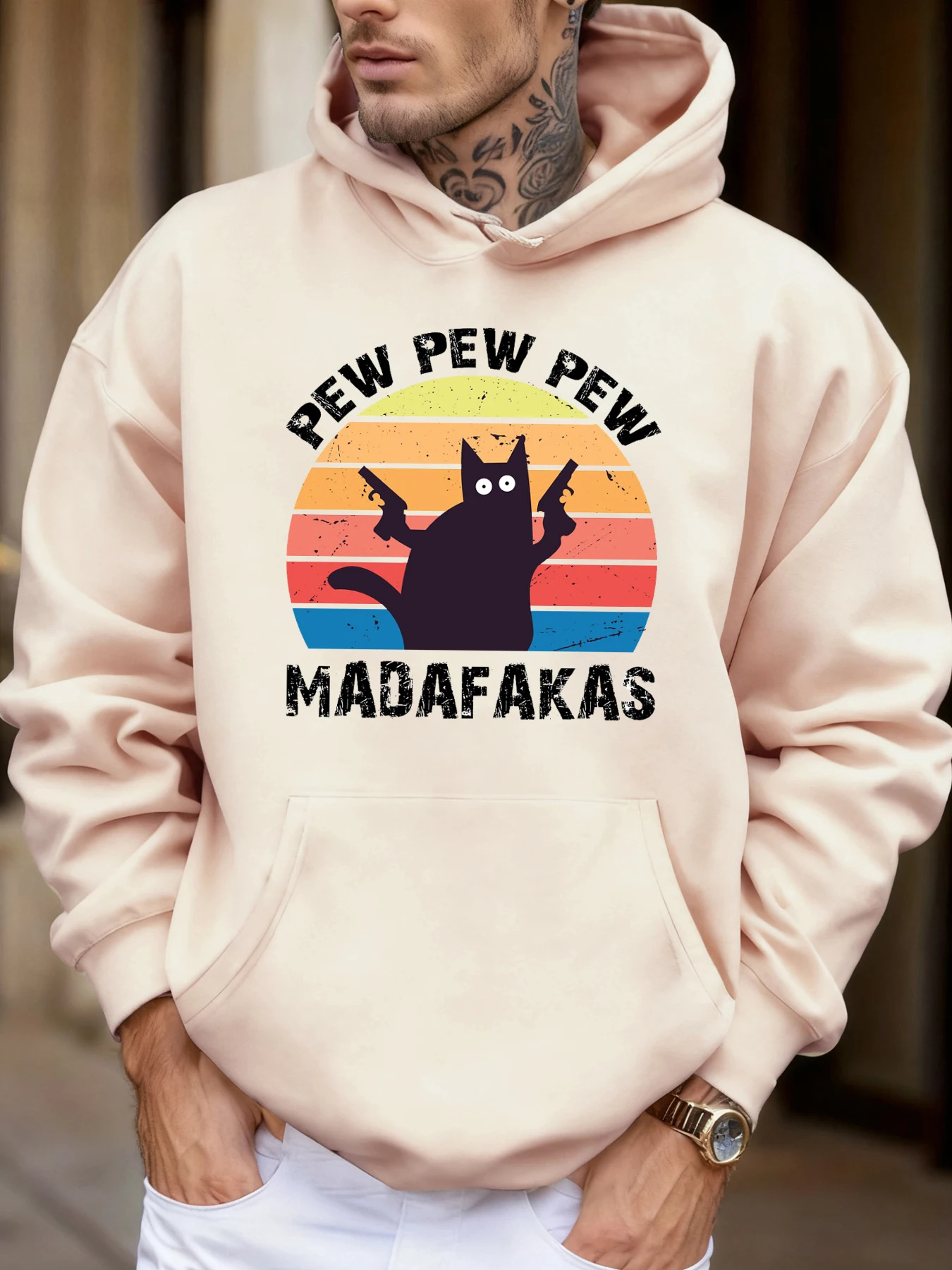 

Pew Pew Madafakas Cat Printing Мужская толстовка с капюшоном из флиса, повседневная толстовка, разноцветная свободная уличная одежда, универсальные пуловеры с карманами