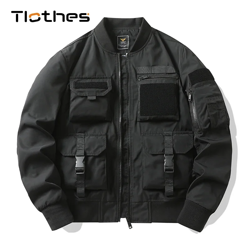 

Vintage Black Work Jackets for Men Fall Technical Fashion Pilot Bomber Jacket Multi Pockets Jacket Military Techwear Jacket Men