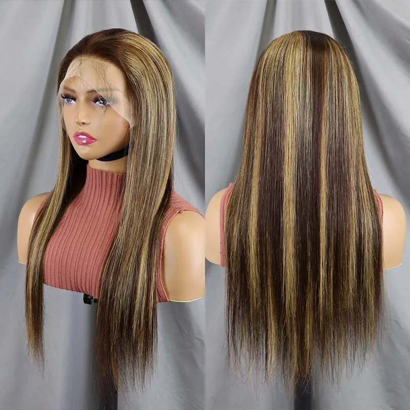 4/27 Gekleurde Hoogtepunt Ombre Rechte Huidachtige HD Kant Pruiken Honing Blonde Kant Voor Braziliaanse Remy Kant Frontale Menselijk haar Pruik