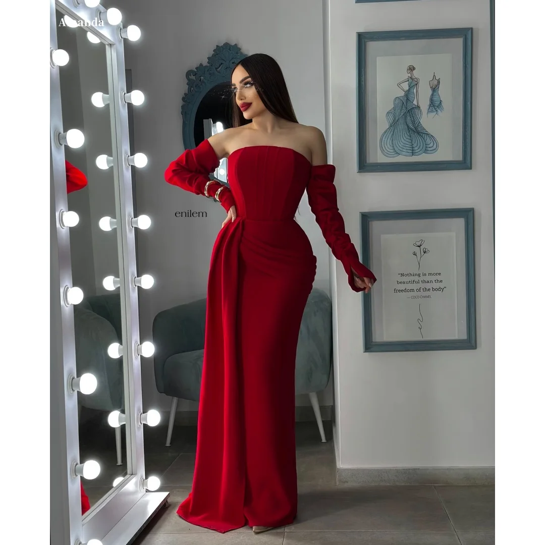 Amanda Aangepaste rode off-shoulder strapless lange mouw galajurk ruches taille maxi formele avond elegante vestidos de noche