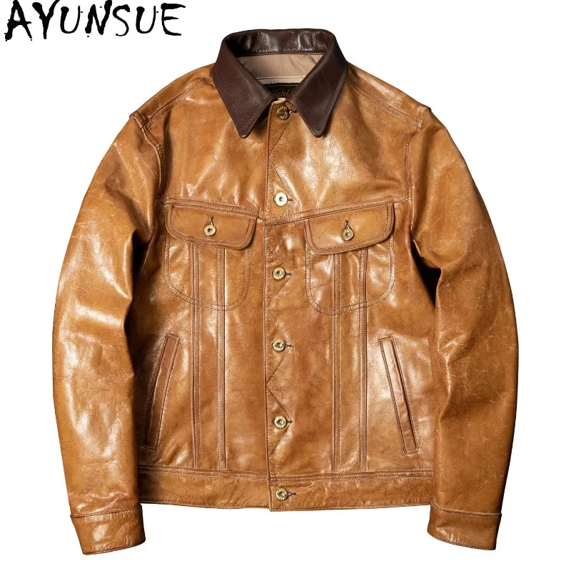 

AYUNSUE Men Top Layer Goatskin Leather Jacket Turn Down Collar Short Genuine Leather Coat Casual Classic Real Leather Jackets