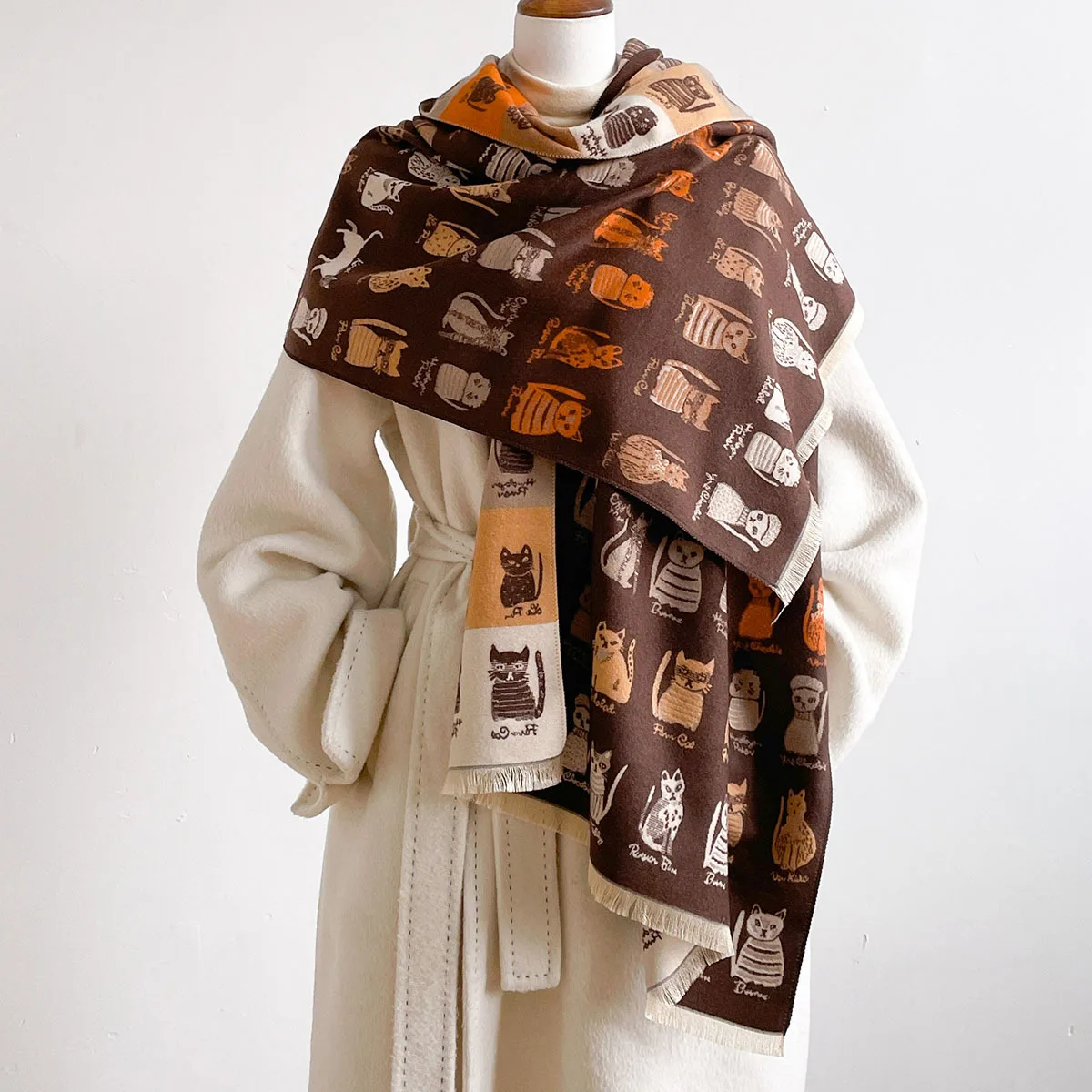 Winter Ladies Elegant Retro Cute Cartoon Kitten With Script Cashmere Feel Scarf Large Size Soft Fringed Shawl Wrap For Daily