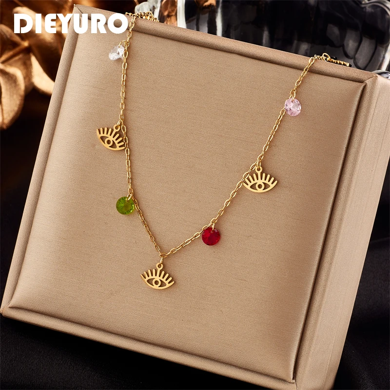 

DIEYURO 316L Stainless Steel Colorful Zircon Eye Shape Pendant Necklace For Women New Vintage Girls Clavicle Chain Jewelry Gifts