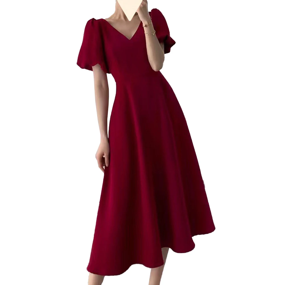 المرأة الفرنسية V الرقبة نفخة الأكمام ضئيلة تناسب تنورة طويلة ، فستان أنيق