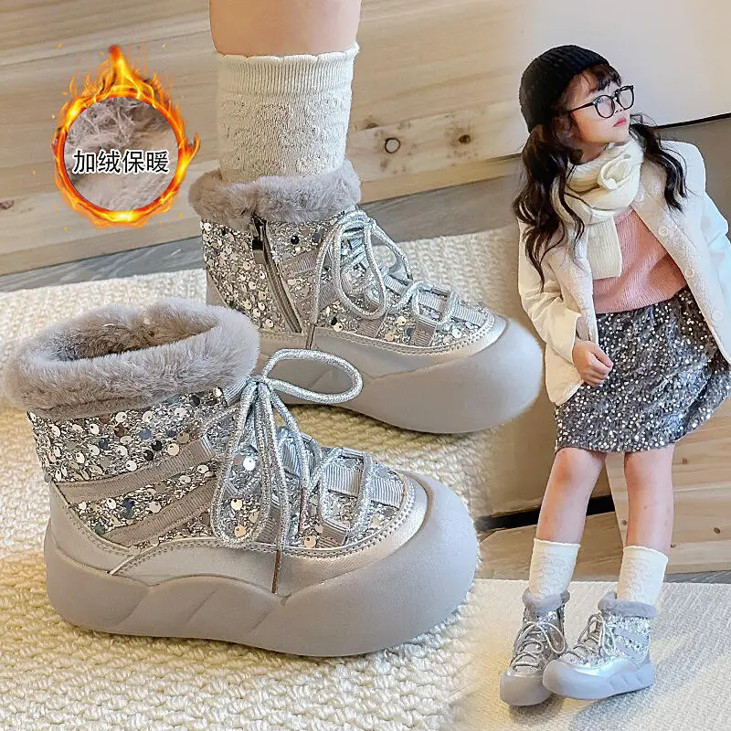 Girl Winter Cotton Shoes Ankle Boots Keep Warm Versatile Indoor Fleece-Lined Thicken Child Kawaii Fashion New Style Casual Shoe