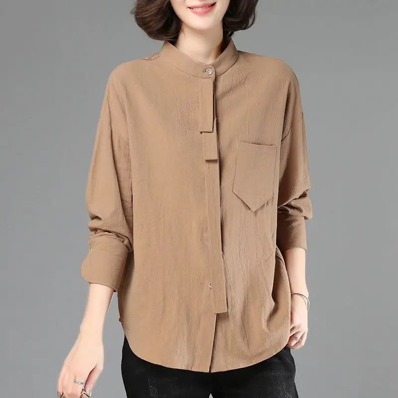 

Women's Khaki Mandarin Collar Button Down Shirt with Chest Pocket Loose Long Sleeve Blouse