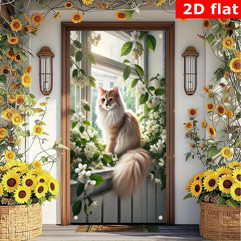 4 Grommets Door Banner Curtain Featuring A Cat Enjoying Flowers on A Windowsill Polyester Fiber 1pc Kitten Durable Digital Print