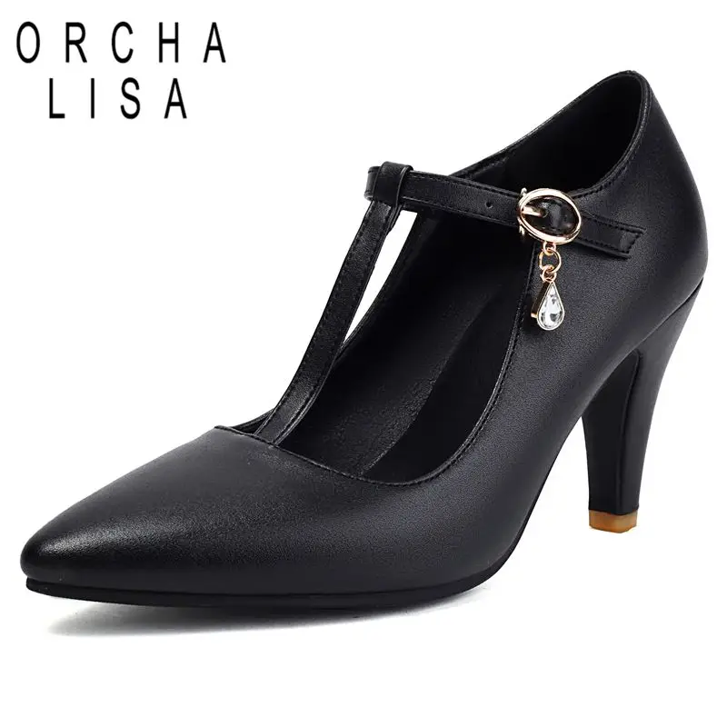 

ORCHA LISA 2025 Sexy Fashion Pumps for Women Pointed Toe Thin Heels 8.5cm Buckle T-Strap Plus Size 44 45 46 Party Dating Shoes
