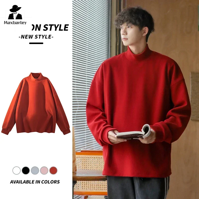 2025 New Men's Sweaters Autumn And Winter Casual Velvet Semi-high Collar Warm Sweatshirt Male Women Korean Solid Color Pullovers