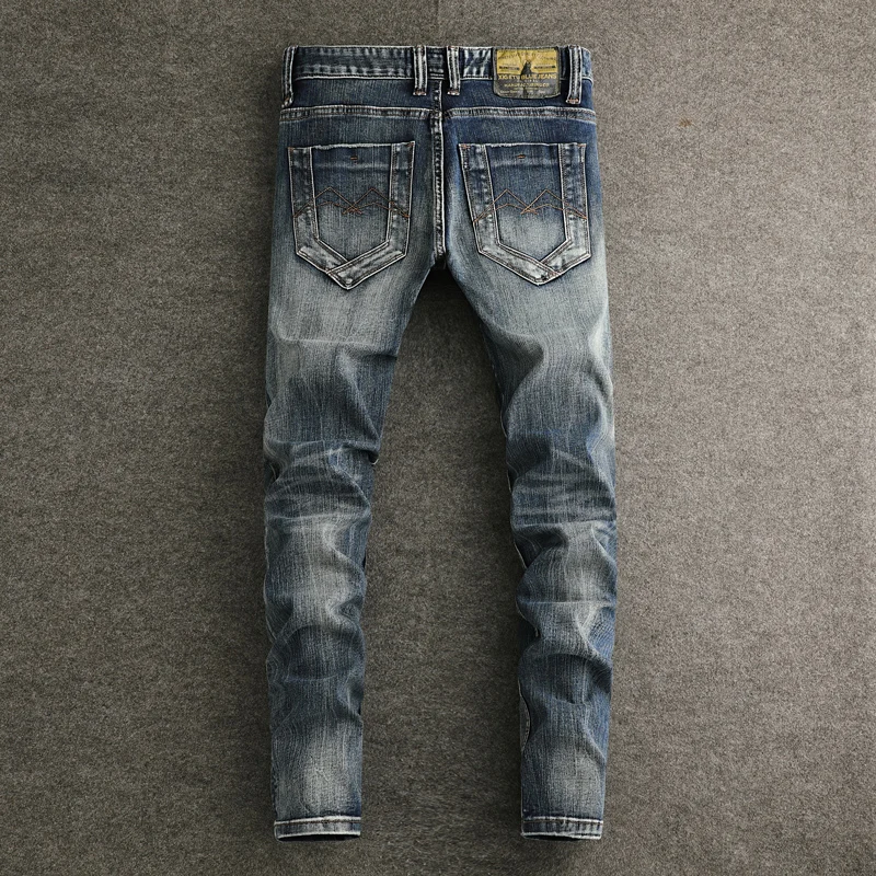 Street fashion men's jeans retro washed blue elastic slim fit scratch wave jeans men's designer retro casual denim pants