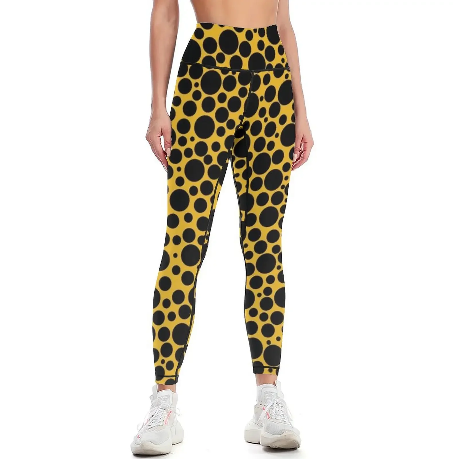 

Black polka dots on yellow background Leggings workout shorts Legging sport Women sports flared Womens Leggings