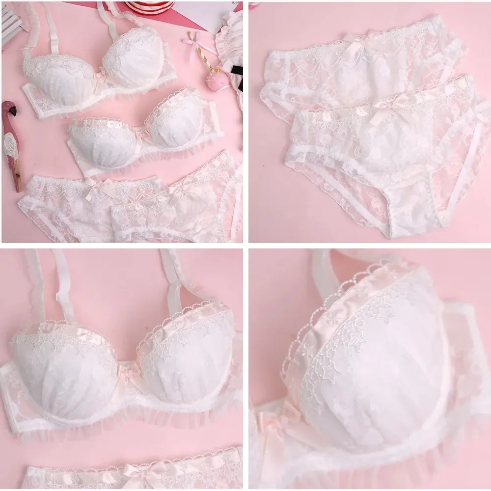 

Girls Lace Bralette Set, Comfortable Sexy Solid Color Underwear, Water Soluble Lace Bralette & Panty