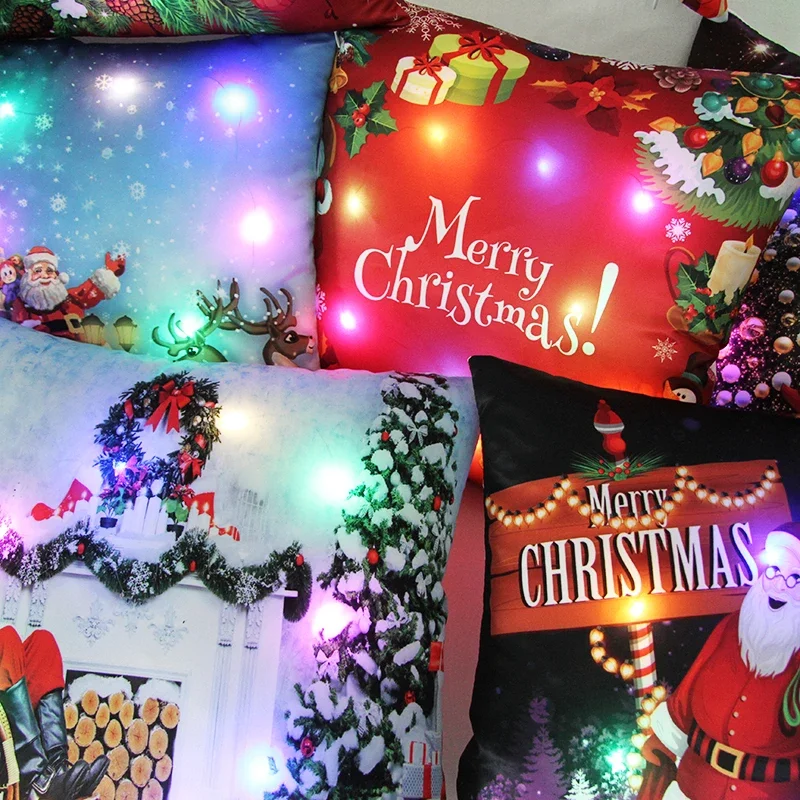 LED Light Christmas Tree Pillow Cushions Cover Elk Snowflake Xmas Lantern Christmas Glow Pillowcase Winter Holiday Decoration